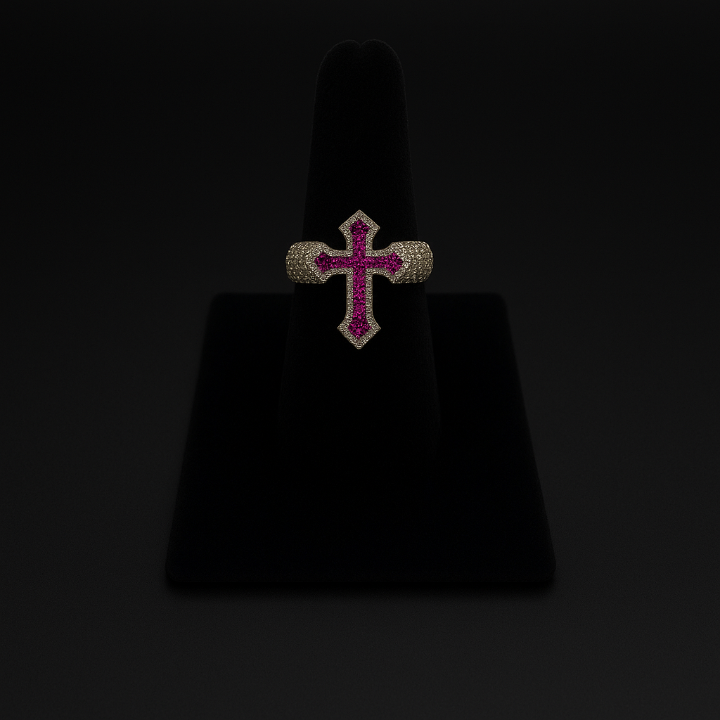 Gold Cross Ring with Ruby Accents