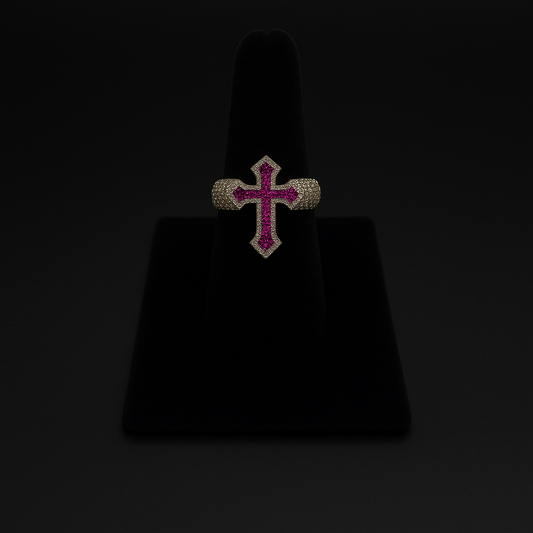 Gold Cross Ring with Ruby Accents