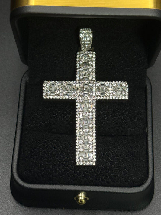 Iced Baguette Cross Pendant – Silver CZ Pendant