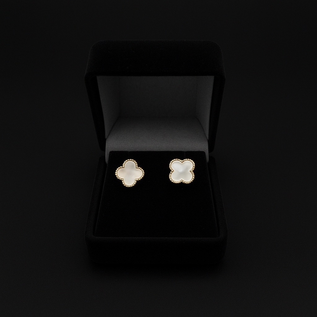 Yellow Gold Clover Stud Earrings – White