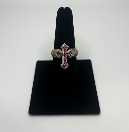 Gold Cross Ring with Ruby Accents